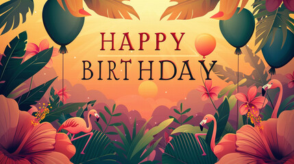 A tropical-themed happy birthday vector background template, with illustrations of exotic flowers - obrazy, fototapety, plakaty