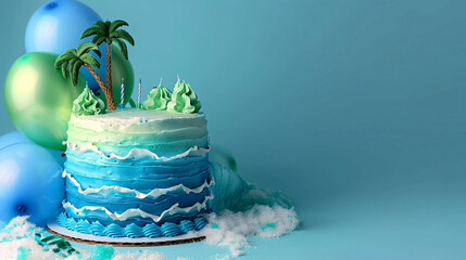 A tropical island paradise themed birthday cake with blue and green icing, resembling the ocean and palm trees, next to blue and green balloons on a solid paradise blue background. - obrazy, fototapety, plakaty