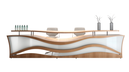 A tranquil setting featuring a white and wood counter adorned with chairs and vases