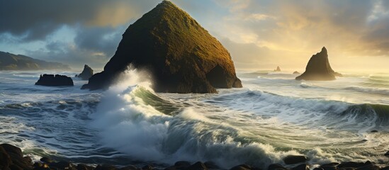 Ocean waves forcefully crashing against sharp rocks on a sandy beach, with a majestic mountain...