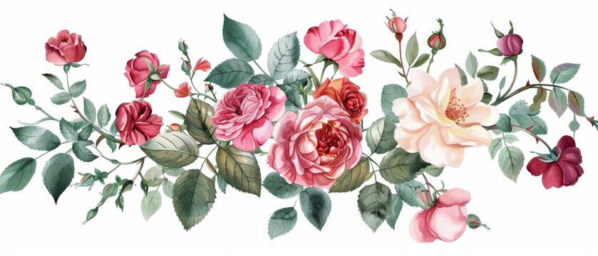 Floral illustration in watercolor, assorted rose flowers on white background