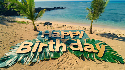 A stunning aerial view of a "Happy Birthday" sign created from large, lush tropical leaves laid out on the sandy shore of a secluded Hawaiian beach, surrounded by the clear blue ocean.
