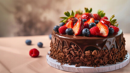 A stunning 3D realistic image of a fruit chocolate birthday cake, adorned with glossy dark chocolate ganache 