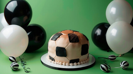 A sports-themed birthday cake resembling a soccer ball, flanked by black and white balloons on a solid green background.