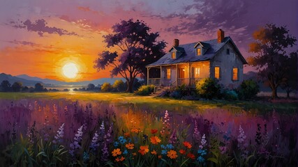 sunset purple theme house landscape garden flowers summer abstract oil pallet knife paint painting on canvas large brush strokes art illustration background from Generative AI - obrazy, fototapety, plakaty