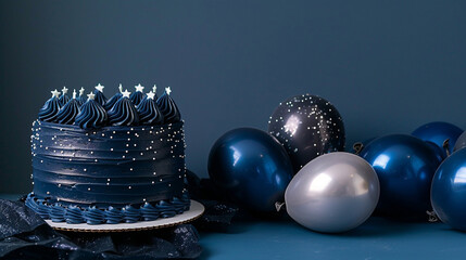A space-themed birthday cake with dark blue icing and edible stars, next to dark blue and silver balloons on a solid midnight blue background. - obrazy, fototapety, plakaty