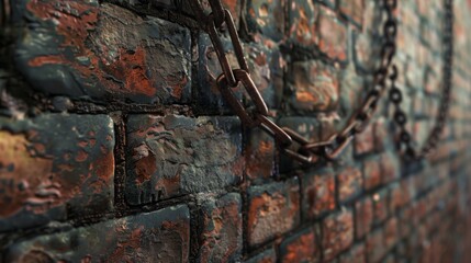監獄風の鎖の垂れたレンガの壁
