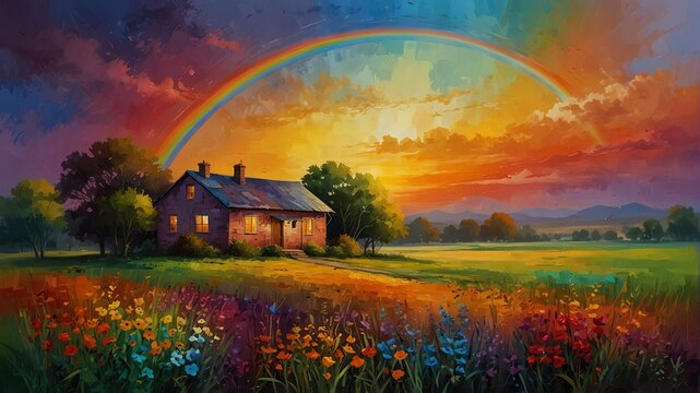 sunset rainbow theme house landscape garden flowers summer abstract oil pallet knife paint painting on canvas large brush strokes art illustration background from Generative AI