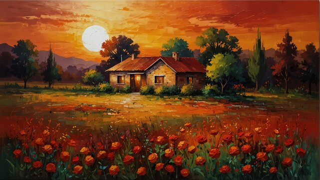 sunset red theme house landscape garden flowers summer abstract oil pallet knife paint painting on canvas large brush strokes art illustration background from Generative AI