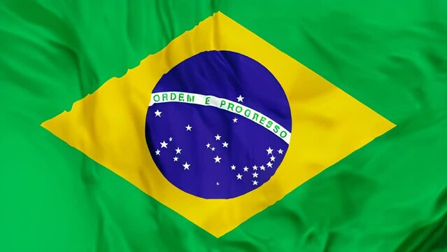 Vibrant green and yellow brazilian flag with motto, displayed with a dynamic ripple effect. 3D illustration