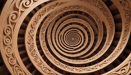 An intricate wooden spiral staircase forms an endless descending pattern, with carved details adding to its hypnotic appeal.. AI Generation