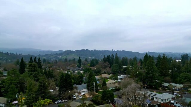 Aerial drone rises above walnut creek california usa pine trees village mountain panoramic establishing shot, skyline background