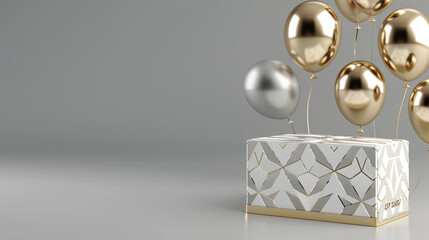 A sleek, modern birthday cake with geometric patterns in gold and white, next to floating metallic balloons on a solid grey background. - obrazy, fototapety, plakaty