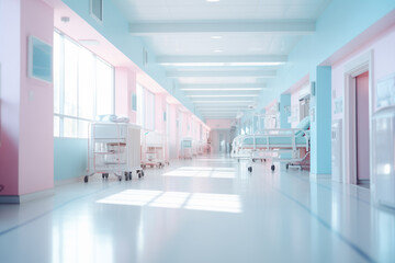 Blurred interior of hospital - abstract medical background.