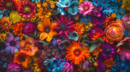 A kaleidoscope of colors captured in a stunning mixed flower bouquet, radiating joy and warmth, as if nature's own palette has been unleashed. 8K. - obrazy, fototapety, plakaty