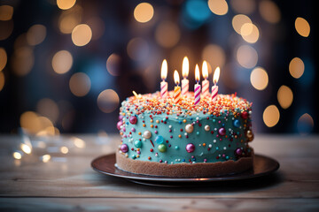 Birthday cake with candles, bright lights bokeh
