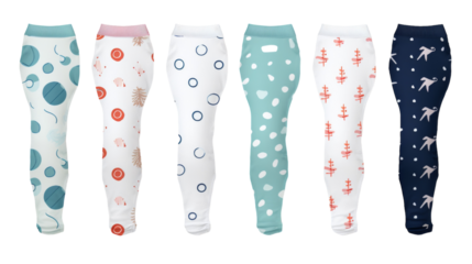 Colorful leggings with unique patterns in a row, showcasing individuality and creativity