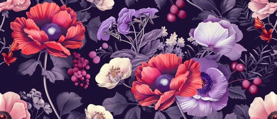 Pattern, illustrations, wild flowers, red, peach, purple, textile design, seamless pattern, botanical floral illustration, natural ornament, natural ornament, red, peach, purple, dark background