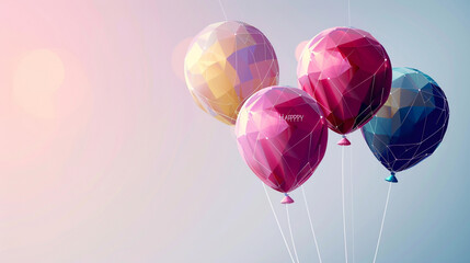 A sleek and modern happy birthday vector background template, with 3D geometric balloons floating over a subtle linear gradient, giving the illusion of a crisp HD image. - obrazy, fototapety, plakaty
