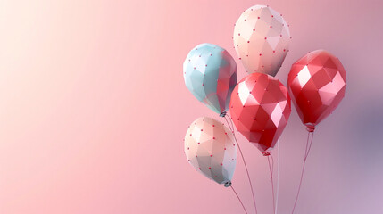 A sleek and modern happy birthday vector background template, with 3D geometric balloons floating over a subtle linear gradient, giving the illusion of a crisp HD image. - obrazy, fototapety, plakaty
