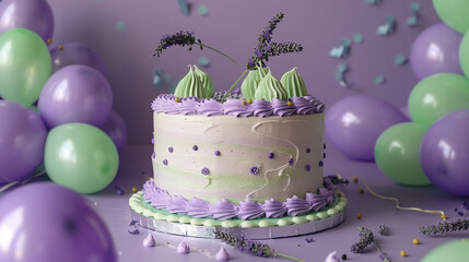 A serene lavender fields themed birthday cake with purple and green icing, featuring edible lavender sprigs, surrounded by purple and green balloons on a solid lavender field purple background. - obrazy, fototapety, plakaty