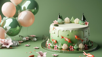 A serene Japanese garden themed birthday cake with green tea icing and edible koi fish and cherry blossoms, surrounded by pink and green balloons on a solid zen green background. - obrazy, fototapety, plakaty