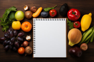 Notebook with vegetables and fruits on a table, food kitchen banner, diet concept, weight loss plan - 774716597