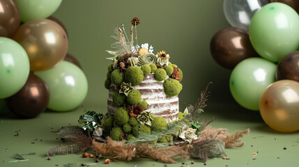 A rustic, woodland-themed birthday cake with edible moss and floral decorations, complemented by green and brown balloons on a solid forest green background. - obrazy, fototapety, plakaty