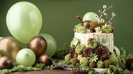 A rustic, woodland-themed birthday cake with edible moss and floral decorations, complemented by green and brown balloons on a solid forest green background. - obrazy, fototapety, plakaty