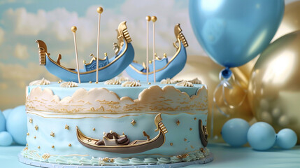 A romantic Venetian getaway themed birthday cake with light blue and gold icing, featuring edible gondolas and canals, next to blue and gold balloons on a solid Venetian sky background. - obrazy, fototapety, plakaty