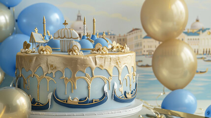 A romantic Venetian getaway themed birthday cake with light blue and gold icing, featuring edible gondolas and canals, next to blue and gold balloons on a solid Venetian sky background. - obrazy, fototapety, plakaty