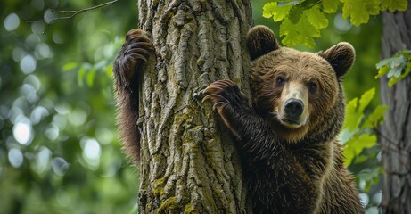 Bear Hug - A brown bear hugging a tree trunk, capturing the essence of the current trend of tree hugging and the monthly event of Earth Day. Generative AI