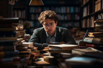Sad student in the library with bookshelves. Exam stress, academic failures and loss of motivation. - obrazy, fototapety, plakaty
