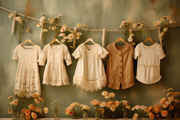 Vintage baby clothes hanging on clothesline - 774716977