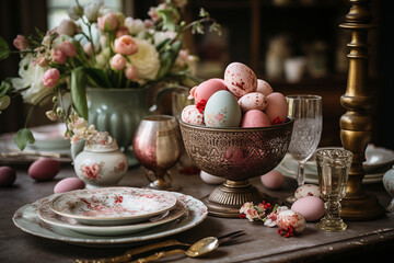 Easter table with easter eggs and spring flowers - 774716988