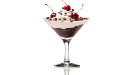 Indulge in a rich chocolate dessert topped with cherries in a stylish martini glass