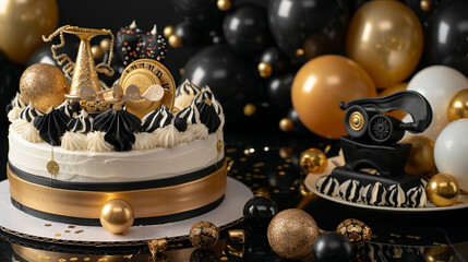 A roaring 20s themed birthday cake with black, gold, and white icing, featuring edible flapper accessories and a fondant phonograph - obrazy, fototapety, plakaty