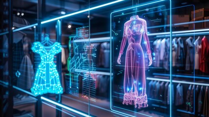 Futuristic AI-Powered Virtual Wardrobe Display in Fashion Boutique