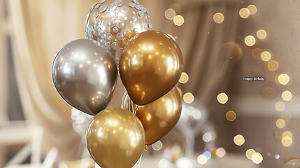 A realistic depiction of a cluster of helium-filled balloons in shimmering metallic shades  - obrazy, fototapety, plakaty