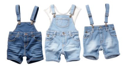 Three stylish pairs of denim shorts and overalls displayed on a rustic background