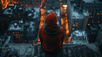 A person sitting on a ledge looking at the city lights, AI - obrazy, fototapety, plakaty