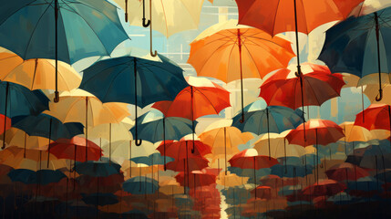 Fototapeta na wymiar Colorful umbrellas in the sky. Retro toned