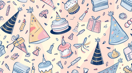 A playful happy birthday vector background template showcasing a pattern of hand-drawn style party hats - obrazy, fototapety, plakaty