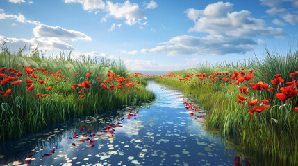 A serene scene of a meandering stream winding through a field of scarlet poppies, reflecting the blue sky above in its crystal-clear waters. 8K