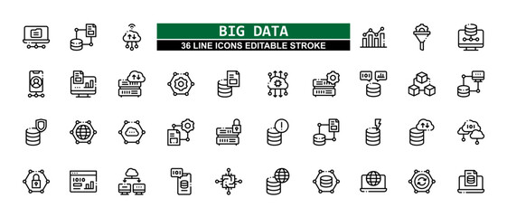 36 Big Data Line Icons Set Pack Editable Stroke Vector Illustration. - obrazy, fototapety, plakaty