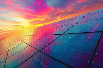 A colorful sky with a sunset and a solar panel - obrazy, fototapety, plakaty