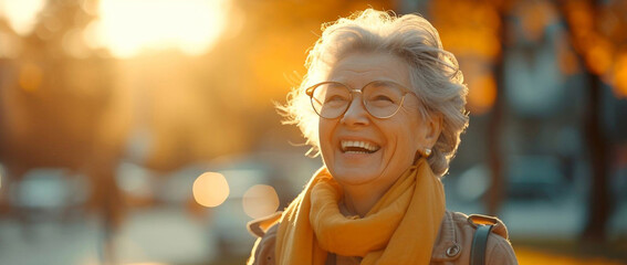 Portrait of a happy senior woman walking in autumn park