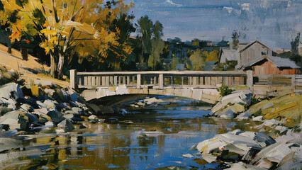 Fototapeta na wymiar Scene of a bridge over a stream, Digital art painting, loosely speed painting.