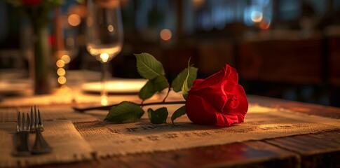 Naklejka na ściany i meble Close-up of red rose bloom lying on table.