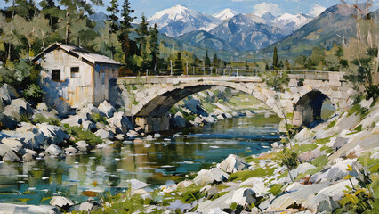 Fototapeta na wymiar Scene of a bridge over a stream, Digital art painting, loosely speed painting.